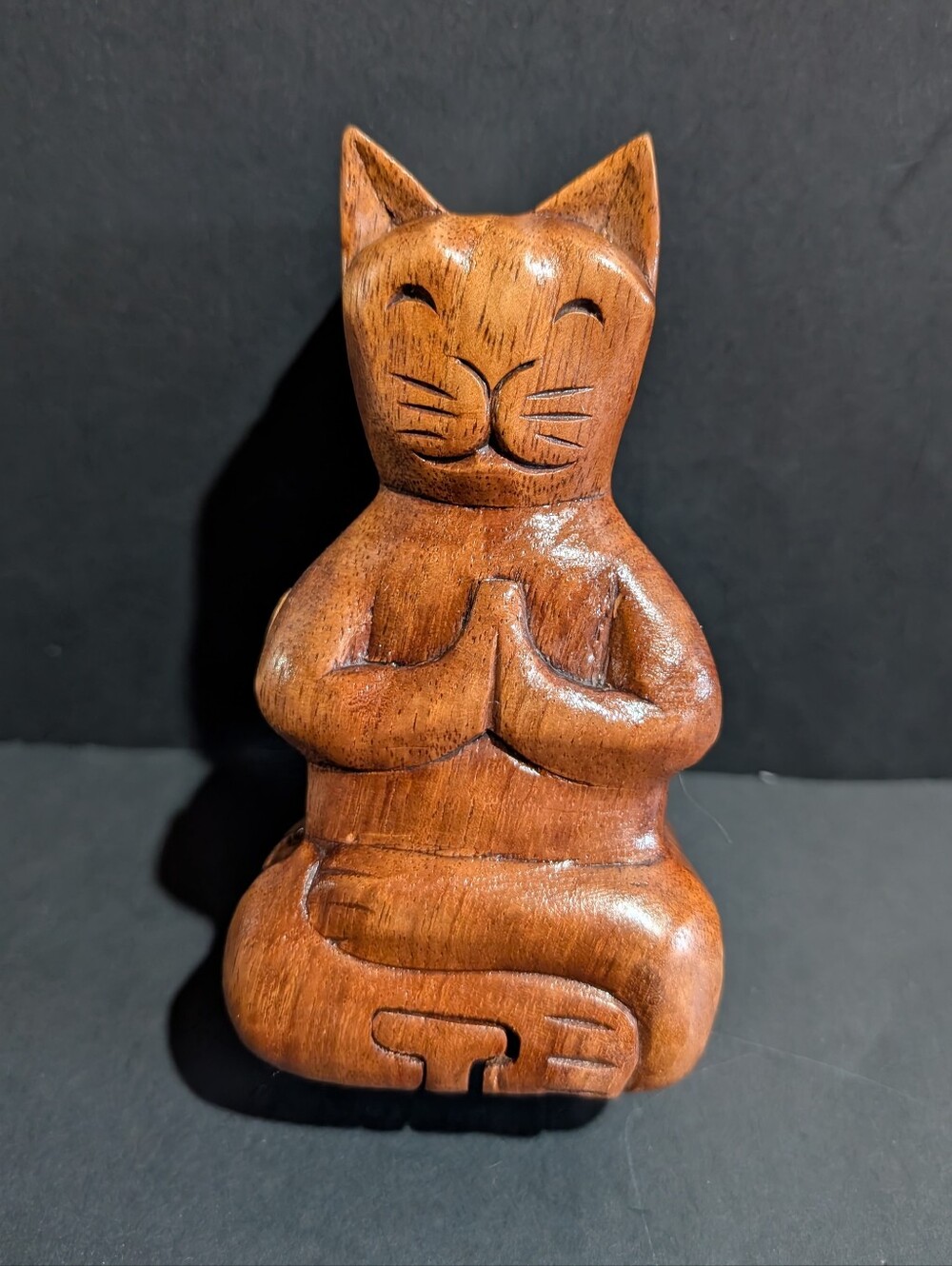 Vtg Wooden Meditating Cat Puzzle Trinket Box With Hidden Compartment